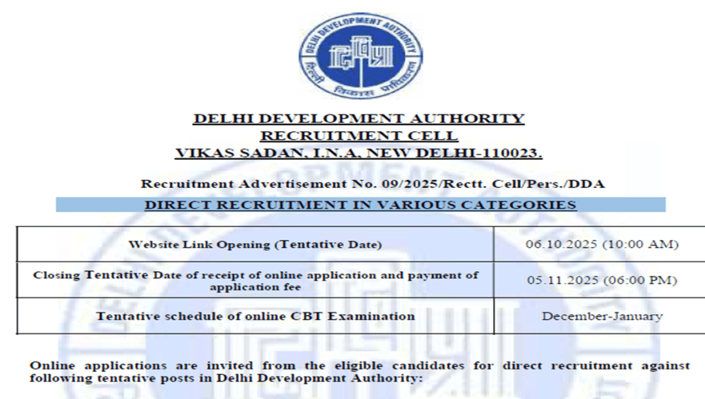 DDA Recruitment 2025 1700 + Post 